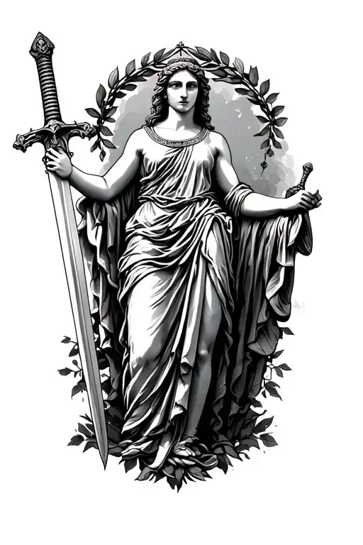 Full body Roman goddess Victoria holding a sword in one hand and a laurel wreath in the other tattoo design idea