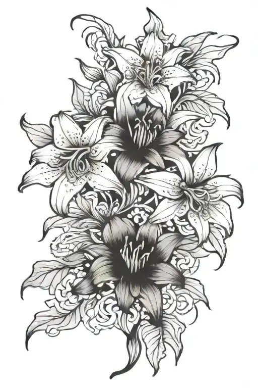 tatoo with Lilies and red spider Lillie's and black dahlias and Geranium not cluttered full arm sleeve tattoo design idea