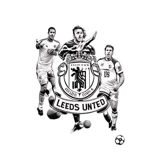 A sleeve tattoo featuring iconic moments from Leeds United history intertwined with football imagery tattoo design idea
