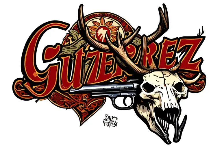 "Gutierrez " love family guns and rodeo and elk skull with antlers tattoo design idea