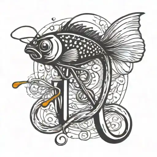 a fly fishing hook with line coming off the end spelling the letters J and I tattoo design idea