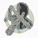 The word "self" is blocked by a hand made of code that wraps around the word "self" from the left. tattoo design idea