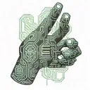 The word "self" is blocked by a hand made of code that wraps around the word "self" from the left. tattoo design idea