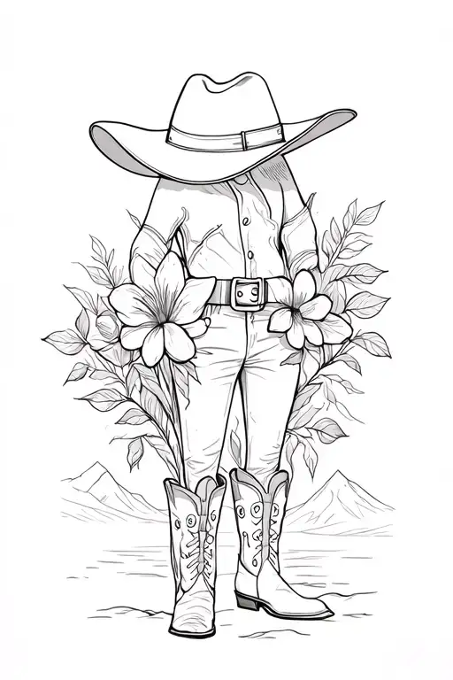 Flower sleeve and mountains and country cowboy hat and boots  tattoo design idea