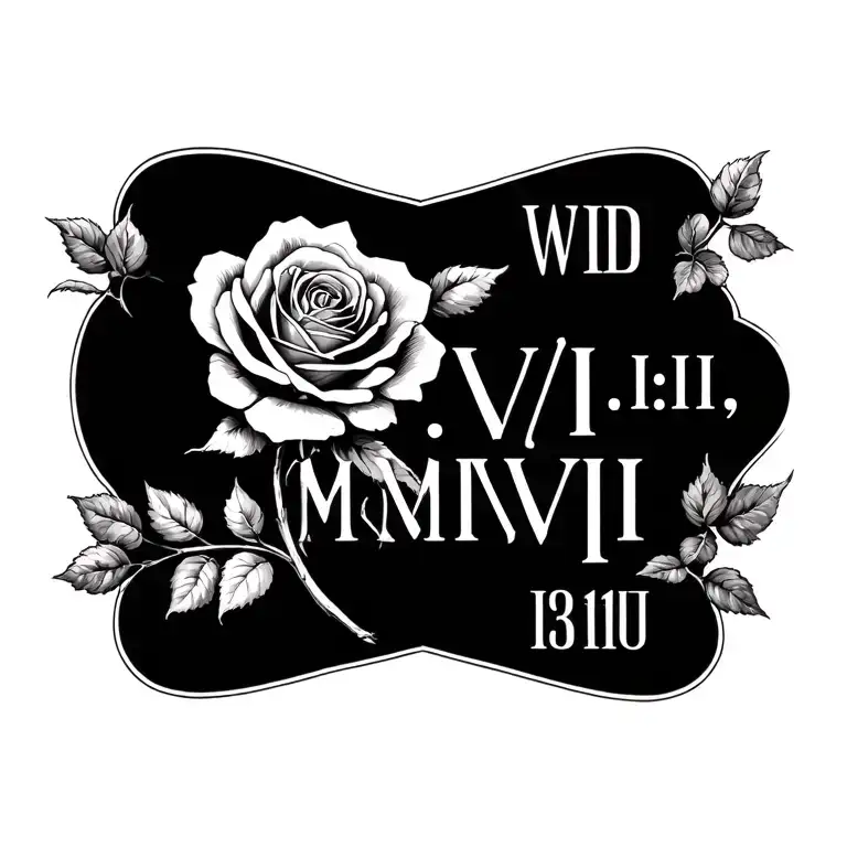 My lovers bd date in roman numerics text VIII.VII.MMVIII with rose at the end simple tattoo design idea