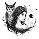 nyx goddess with moon phases and owl tattoo design idea