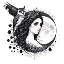 nyx goddess with moon phases and owl tattoo design idea
