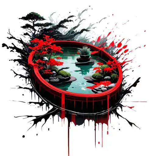floating zen garden with red wooden door frame tattoo design idea