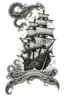 pirate ship with kraken emerging tattoo design idea