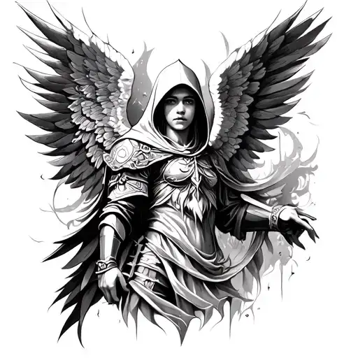 perfectly symmetrical, black and white, hooded angel, warrior tattoo design idea