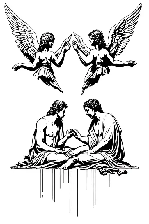 3 angels looking down at a man sitting alone tattoo design idea