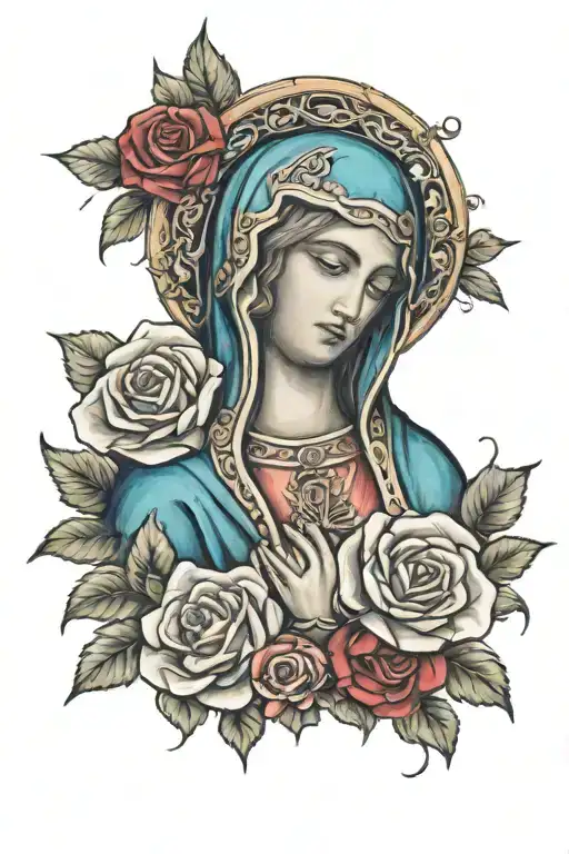Virgen mary with rosary, roses and mexico flag intertwined tattoo design idea