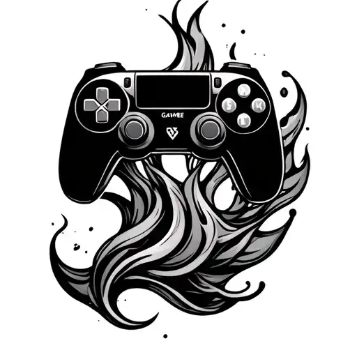 Minimalist black ink game controller with flame or smoke rising from it, clean line art, no shading, tattoo design. tattoo design idea