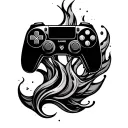 Minimalist black ink game controller with flame or smoke rising from it, clean line art, no shading, tattoo design. tattoo design idea