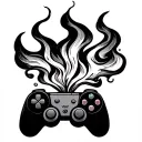 Minimalist black ink game controller with flame or smoke rising from it, clean line art, no shading, tattoo design. tattoo design idea