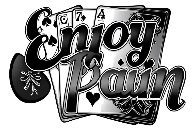 text that says enjoy pain in a tattoo font, include a 2 card poker hand with 7 of diamonds and 2 of spades tattoo design idea