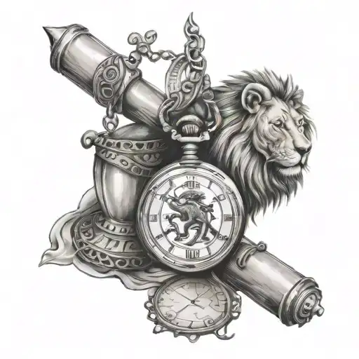 closed arm with lion of Judah, open pocket watch and compass, hourglass and small bands with verses tattoo design idea