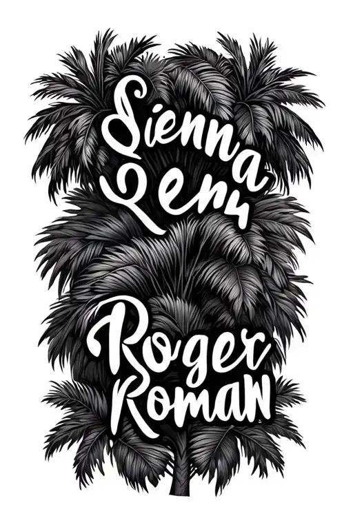 "Sienna Roger Roman" 3 kids names intertwined in palm tree branches tattoo design idea