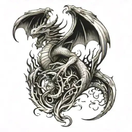 Draw a sketch of a tattoo of a dragon with large wings and flames from its mouth, entwining a Gothic temple, it must be powerful tattoo design idea