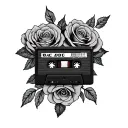 AC/DC back n black cassette tape with roses intertwined tattoo design idea