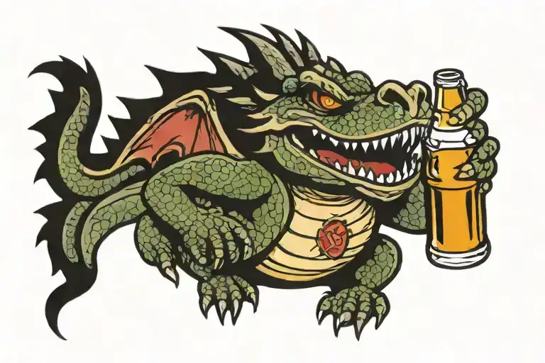 drunk dragon with a bottle of beer tattoo design idea