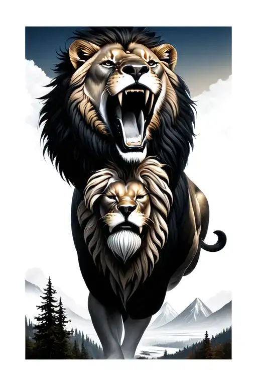 Fierce roaring lion with mountains and trees in the background tattoo design idea