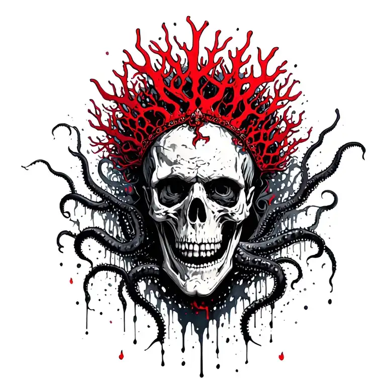 King Of Bones With A Coral Crown, Hades 2 Style, Eldritch, Tentacles, Lovecraftian, Deep Sea background, seaweeds tattoo design idea