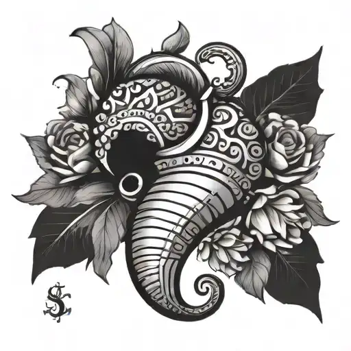 Create a minimalist design featuring a cornicello surrounded by trinacria legs in a black-grey style tattoo design idea