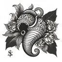 Create a minimalist design featuring a cornicello surrounded by trinacria legs in a black-grey style tattoo design idea
