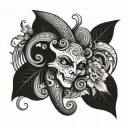 Create a minimalist design featuring a cornicello surrounded by trinacria legs in a black-grey style tattoo design idea