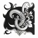 Create a minimalist design featuring a cornicello surrounded by trinacria legs in a black-grey style tattoo design idea