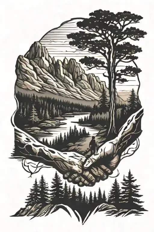 woods 2 girl holding hands fire mountain range silhouette tattoo design idea