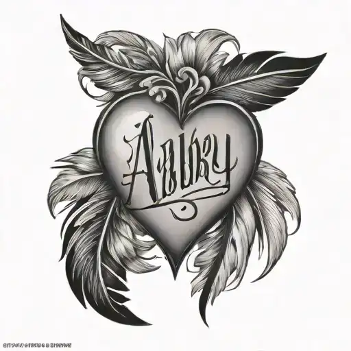 abby name heart and feather tattoo design idea