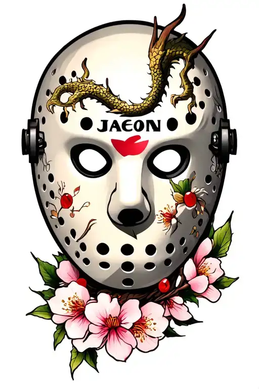 "Jason" Friday the 13th mask, dragon, cherry blossom tattoo design idea
