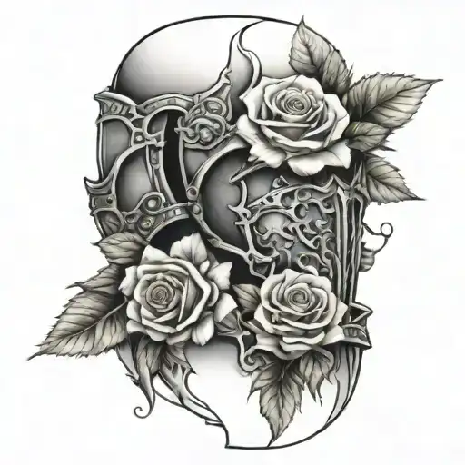 Realistic armor sleeve with thornes and roses growing tattoo design idea