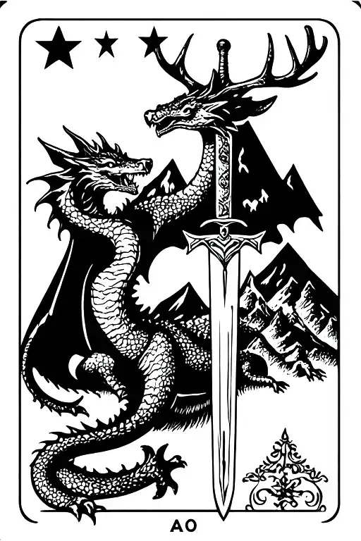 tarot card featuring dragon, a sword, a stag, and mountain with three stars above it.  tattoo design idea