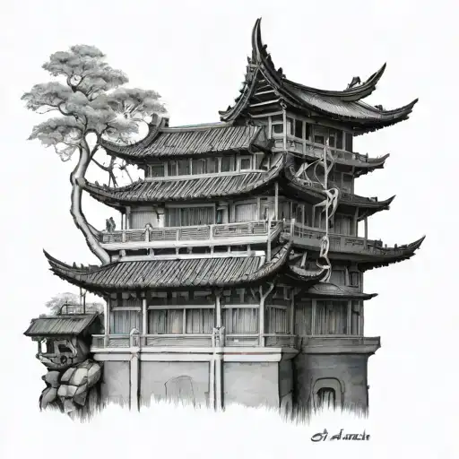 Kranich Chinese building tattoo design idea