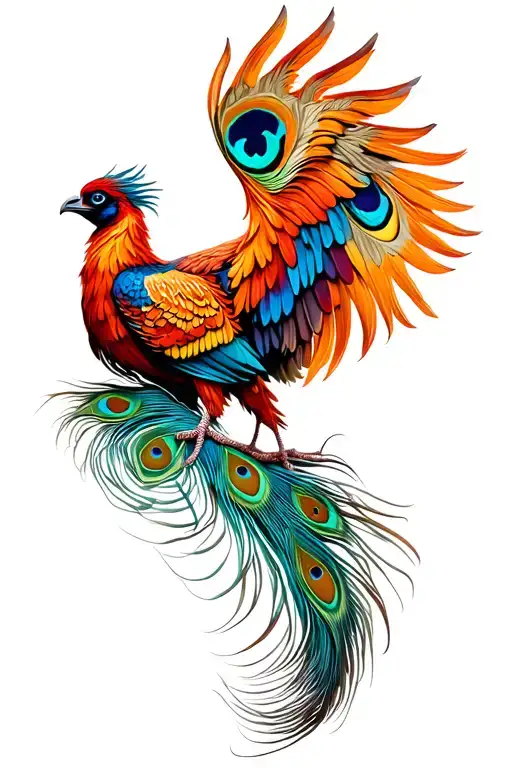  front view phoenix bird with twowings spread peacock feather tail tattoo design idea