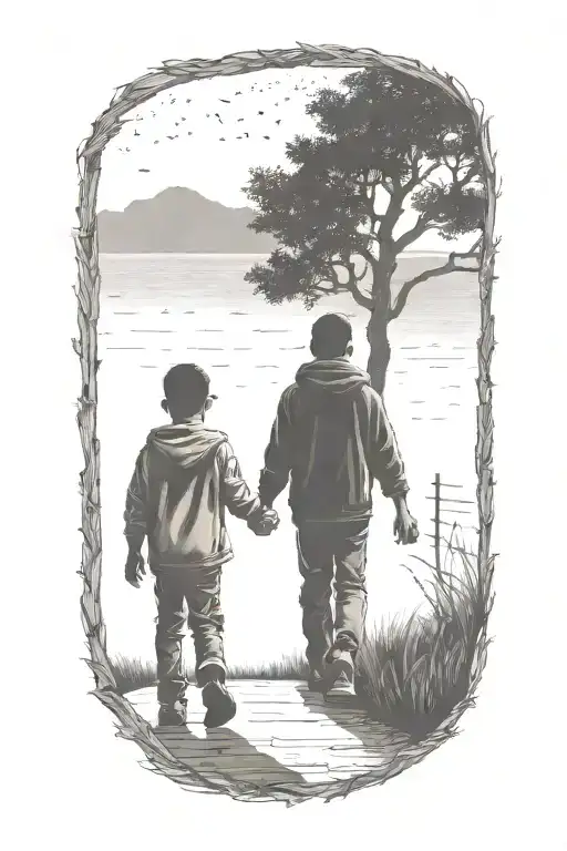 siloutte of an older brother and younger brother walking away hand in hand tattoo design idea