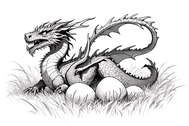 dragon with 3 eggs amidst a field tattoo design idea