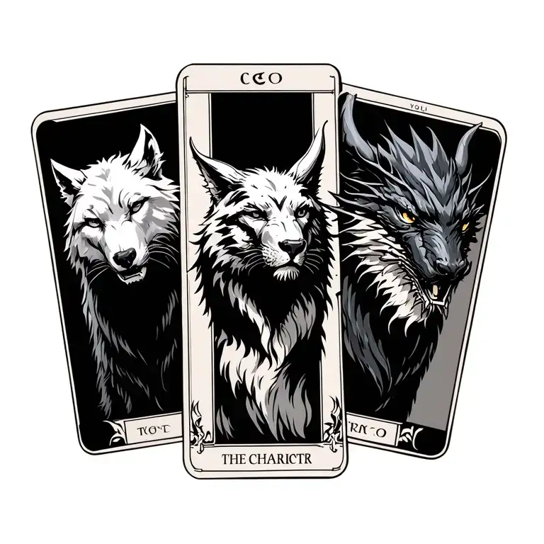 Gothic the chariot tarot card with a black panther, white wolf and a dragon  tattoo design idea