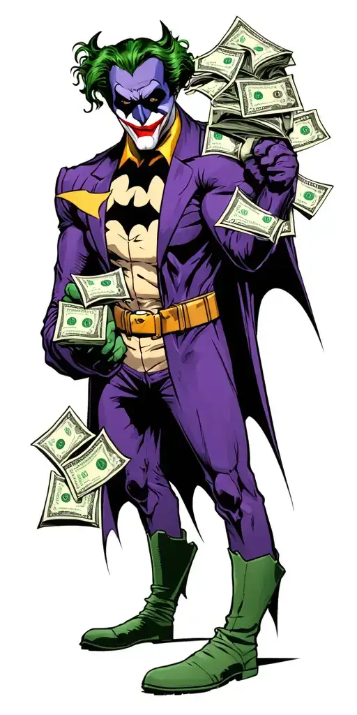 bat man and joker holdings bags of money  tattoo design idea