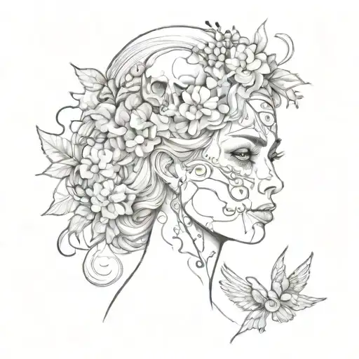 Half of her face is very beautiful and has a halo of flowers and birds on her head, the other half is in the shape of a skull and her head is tattoo design idea