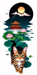 A striped cat walking along the mountain Taishan, at the top of the Chinese temple, at the foot of the river with lotuses, Sakura tattoo design idea