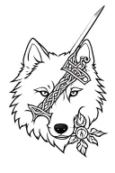 fine line wolf cub face overlaying a sword with a Celtic/Scandinavian nature theme to represent my son tattoo design idea