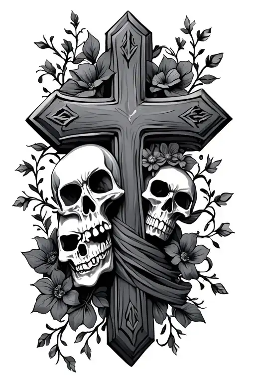 cross with skull flowers and vines wrapped tattoo design idea