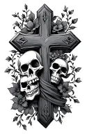 cross with skull flowers and vines wrapped tattoo design idea