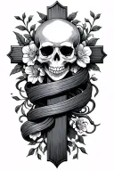 cross with skull flowers and vines wrapped tattoo design idea