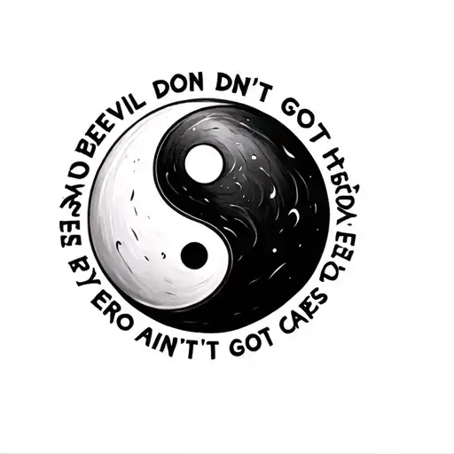 ying yang symbol surrounded by the words "every devil don't got horns, every hero ain't got capes" tattoo design idea