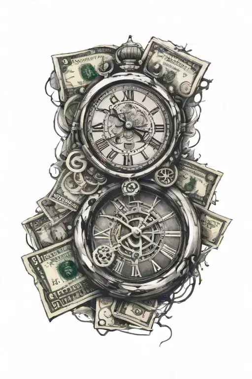 clock and money symbols incorporated tattoo design idea
